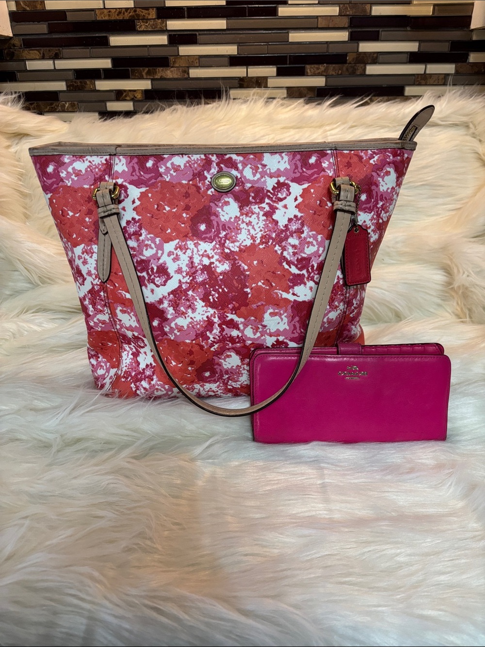 Coach Floral Tote in Coral and Pink with Magenta Wallet